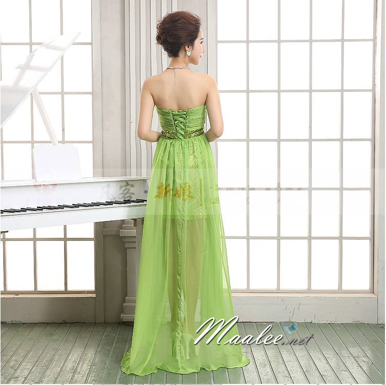 พร้อมส่ง ชุดราตรีสั้น เกาะอก สีครีม Champagne เข้ารูปปักเลื่อม อกแต่งผ้าชีฟอง หางปลาสามารถถอดได้