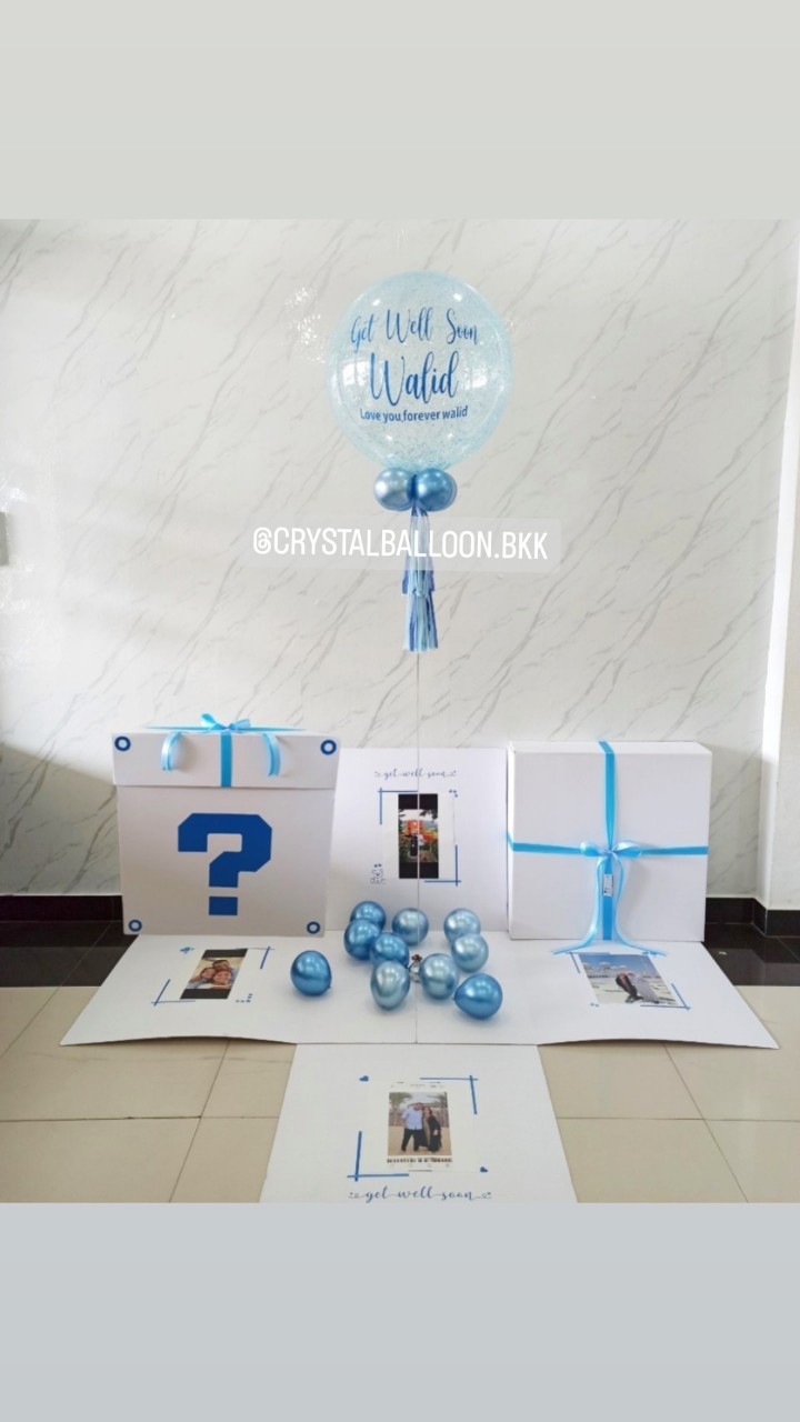 ลูกโป่ง เยี่ยมไข้ แบบกล่อง Bubble ขนาด 24" กลิตเตอร์สีฟ้า พร้อมตกแต่ง สามารถใส่รูปได้ 4 ใบ สามารถเปลี่ยนสีลูกโป่ง/เปลี่ยนข้อความได้
