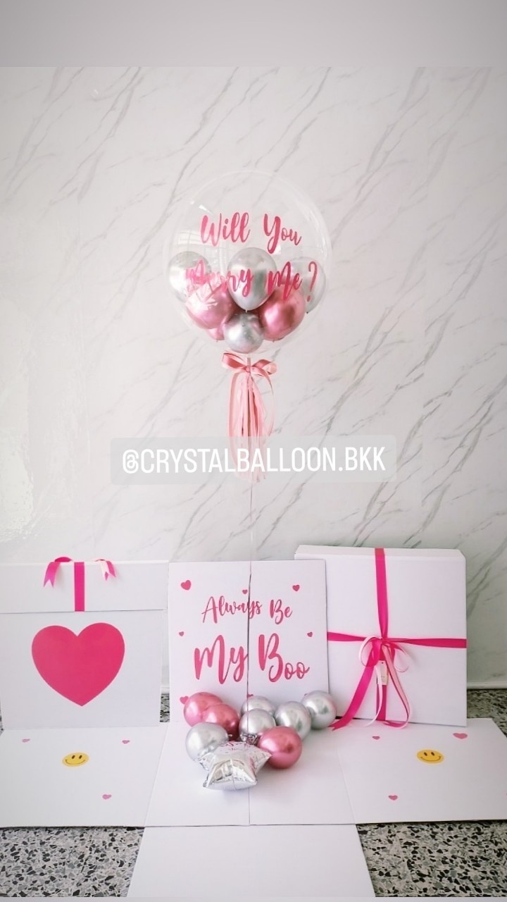 Surprise Box กล่องเซอร์ไพรส์ ขอแต่งงาน Bubble USA 24'' Theme สีชมพู พร้อมตกแต่ง สามรถใส่รูปได้ 4 ใบ สามารถเปลี่ยนสีลูกโป่ง/เปลี่ยนข้อความได้