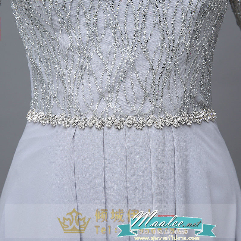 พร้อมเช่า สำหรับสาวไซส์ใหญ่ ชุดราตรียาว สีเทา แขนสามส่วน แต่งเม็ดกากเพชร ช่วงแขนผ้าโปร่ง สวยหรู คาดเข็มขัดช่วงเอว (XL-7XL)