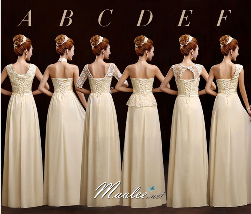 พร้อมส่ง ชุดราตรียาว ชุดเพื่อนเจ้าสาว สีครีม แบบ C แขนยาว ผ้าตาข่ายแต่งลูกไม้โปร่ง เอวเพิ่มดอกสวย (เชือกผูกด้านหลัง)