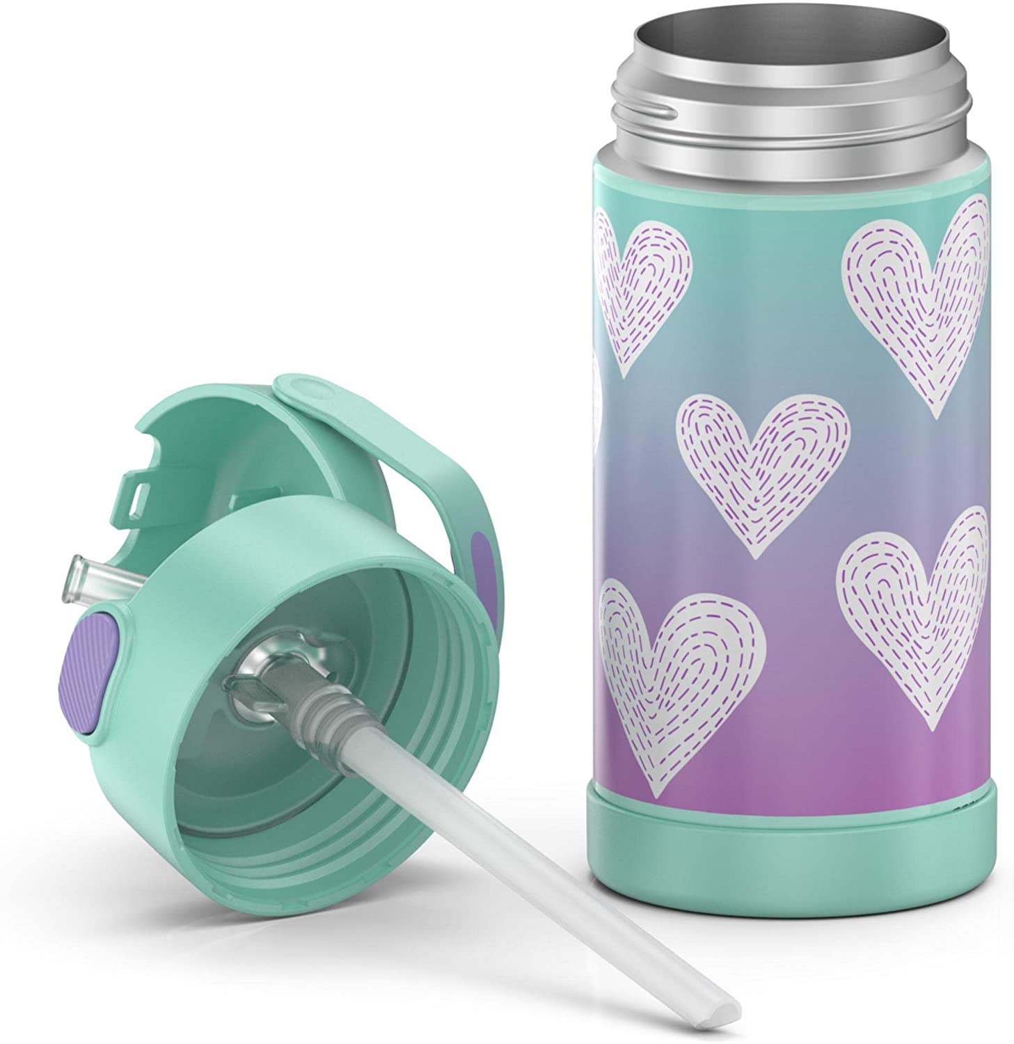 New กระติกน้ำเก็บความเย็น มีหูหิ้ว 12 Ounce Stainless Steel Vacuum Insulated Kids Straw Bottle, Purple Hearts