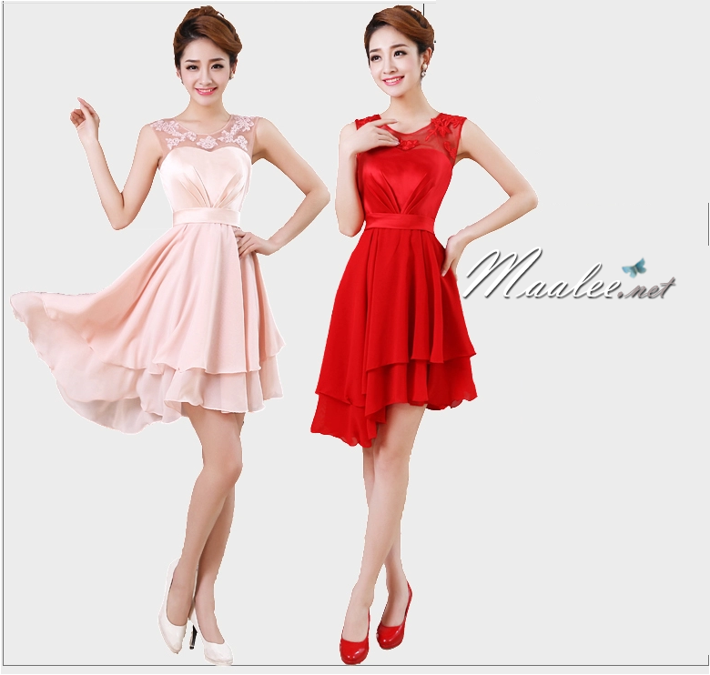 พร้อมส่ง ชุดราตรีสั้น ลูกไม้ สีแดง กระโปรงระบาย