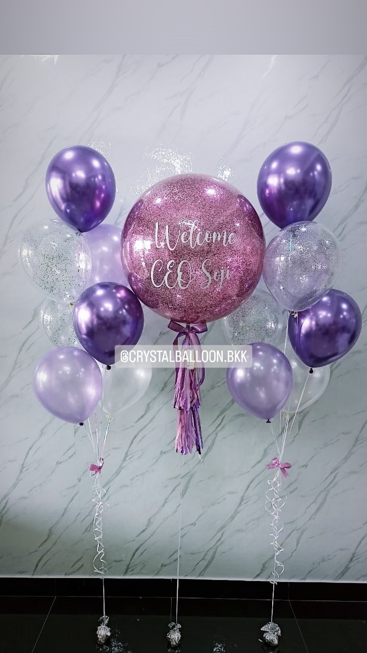 ลูกโป่ง แสดงความยินดี Bubble ขนาด 24" สีชมพู พร้อม ช่อลูกโป่ง ช่อ 7 ลูก 2 ช่อ,ลูกโป่งใส ใส่กลิตเตอร์ พร้อมตกเเต่ง สามารถเปลี่ยนสีลูกโป่ง/เปลี่ยนข้อความ/เปลี่ยนขนาดได้