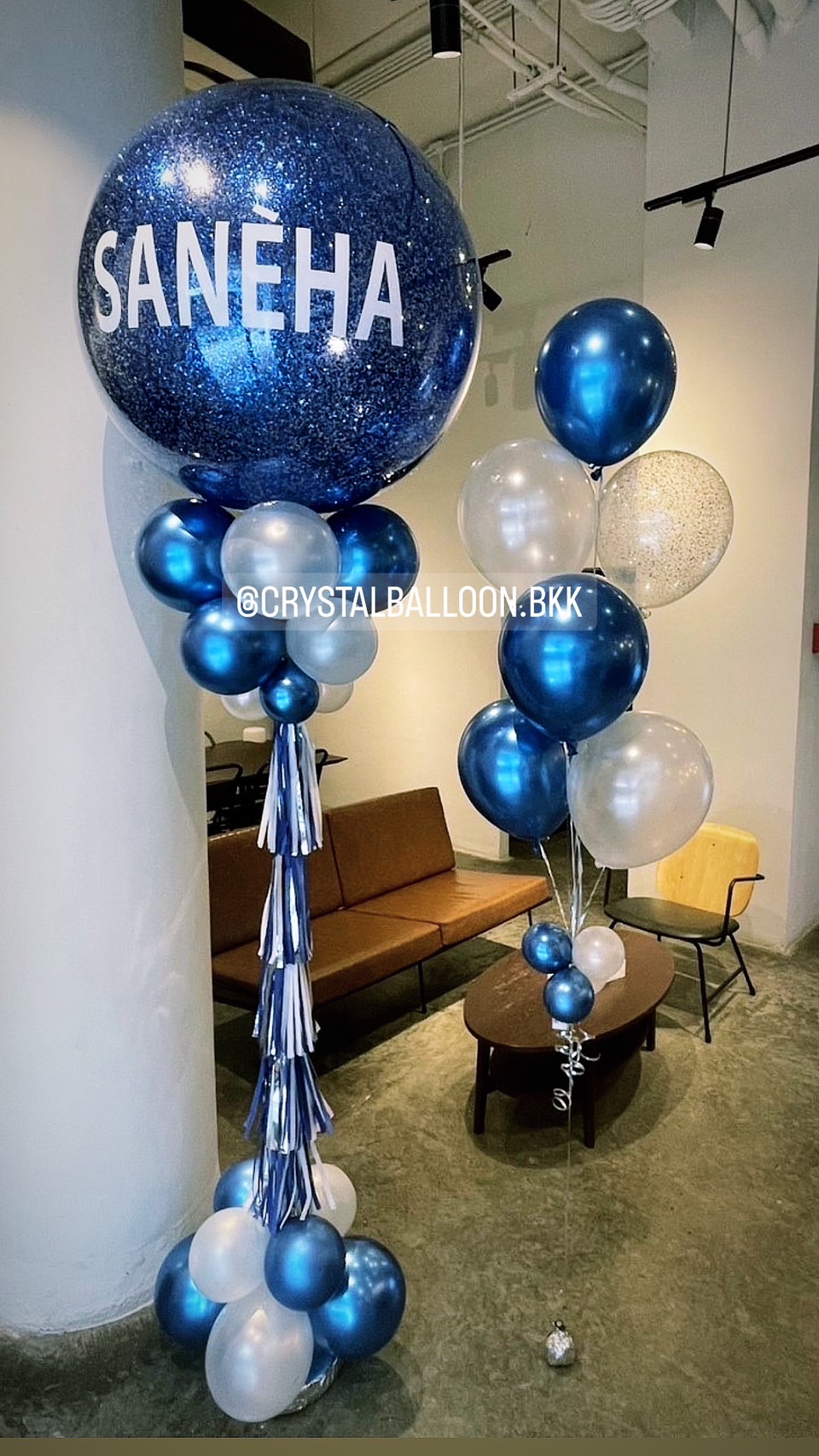 เสาลูกโป่ง เปิดร้าน Bubble 36" Theme น้ำเงิน พร้อมตกแต่ง ช่อลูกโป่ง 7 ลูก 1 ช่อ,ลูกโป่งใส ใส่กลิตเตอร์ สามารถเปลี่ยนสีลูกโป่ง/เปลี่ยนข้อความได้