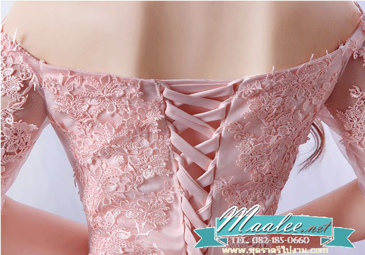 พร้อมเช่า ชุดราตรียาว แบบไหล่ปาด แขนยาว สีชมพูโอโรส กระโปรงตาข่ายเก็บชายอย่างดี อก Sweet Heart เนื้อลูกไม้ (เชือกผูกหลัง)