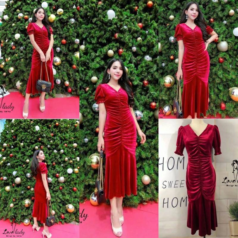 พร้อมส่ง เดรสยาว เดรสสีแดง ทรงหางปลา ใส่แล้วสวยหุ่นเพรียว เดรสคริสมาส