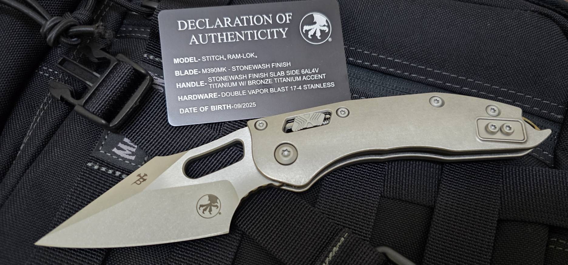 Microtech Marfione Select Manual Stitch RAM LOK Titanium Handles & Stonewash M390MK w/ Double Vapor Blast & Bronze Accents