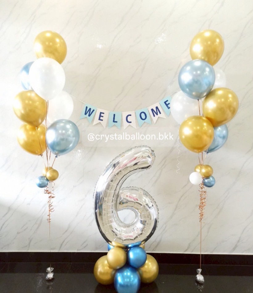 ลูกโป่ง วันเกิดเด็ก ฟอยล์ตัวเลข ขนาด 40" ตั้งฐาน 1 ชิ้น สีทองอ่อน พร้อม ช่อลูกโป่ง ช่อ 7 ลูก 2 ช่อ , ป้ายธง 7 ตัวอักษร Them ฟ้า - ทอง พร้อมตกแต่ง สามารถเปลี่ยนสีลูกโป่ง/เปลี่ยนสี-ฟอยล์ตัวเลข/เปลี่ยนสี-ฟอยล์ตกแต่งได้