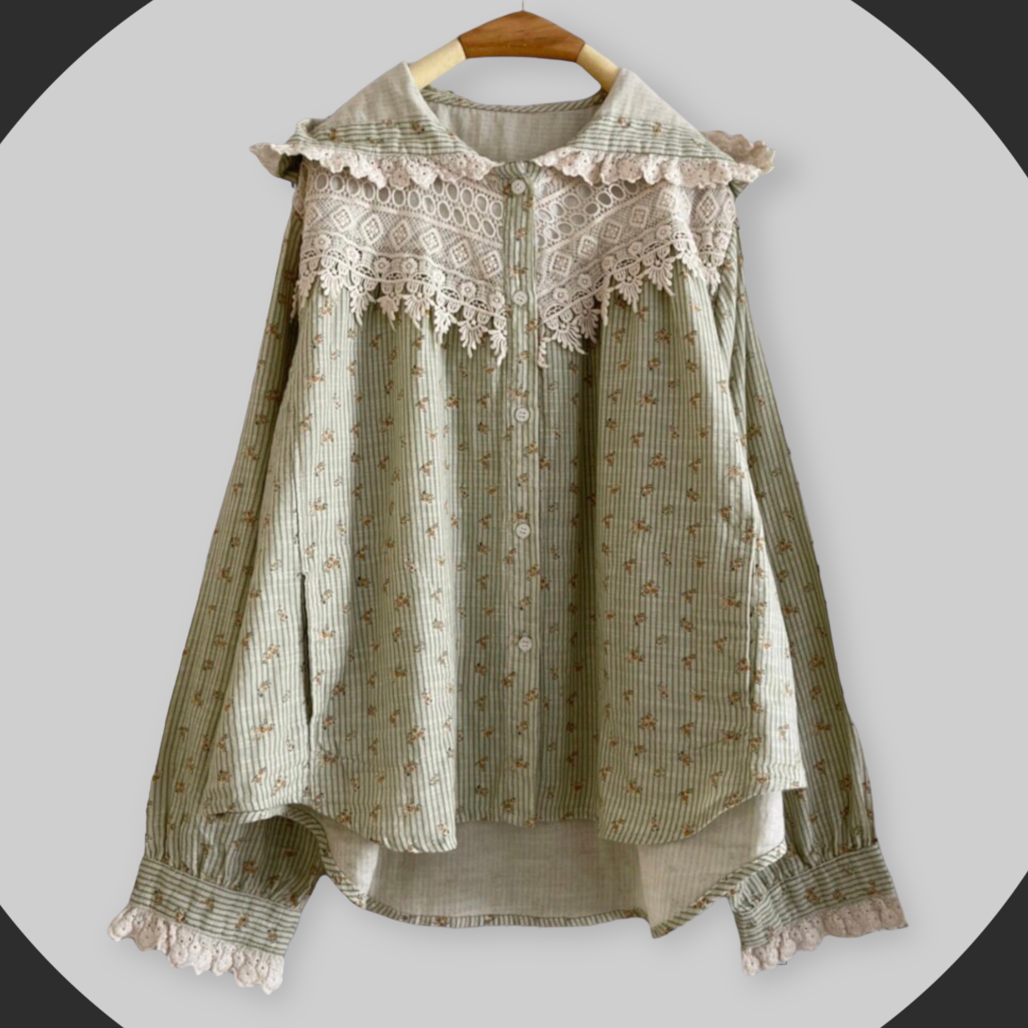 เสื้อ/เสื้อคลุมผ้าฝ้ายลายริ้วแต่งลูกไม้แต่งกระเป๋ามีฮู้ด