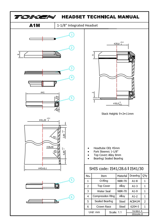 ถ้วยคอฝัง TOKEN OMEGA A1M ขนาด IS41/28.6/IS41/30 Integrated 41mm, บน1 1/8' ล่าง 11/8' .