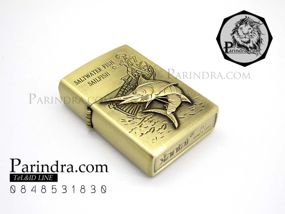 ไฟแช็คน้ำมัน ลายปลากระโทงร่ม ติดเบ็ด สีทองเหลือง ไฟแช็คนักตกปลา