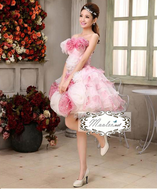 พร้อมเช่า ชุดแฟนซี เช่า 500 ชุดราตรีสั้น เกาะอก สีกุหลาบแต่งดอกไม้สามมิติ พองฟูน่ารักมาก
