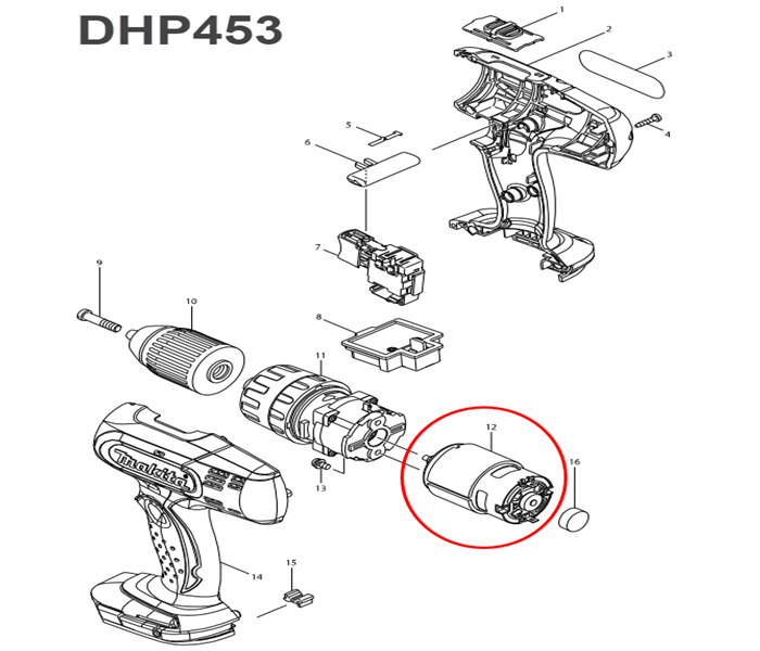มอเตอร์สว่านไร้สาย, ไขควงไร้สาย Makita DHP453, DDF453, DHP483, DDF483, 6390D [#12] Pn.629834-8 (แท้) ## (**)