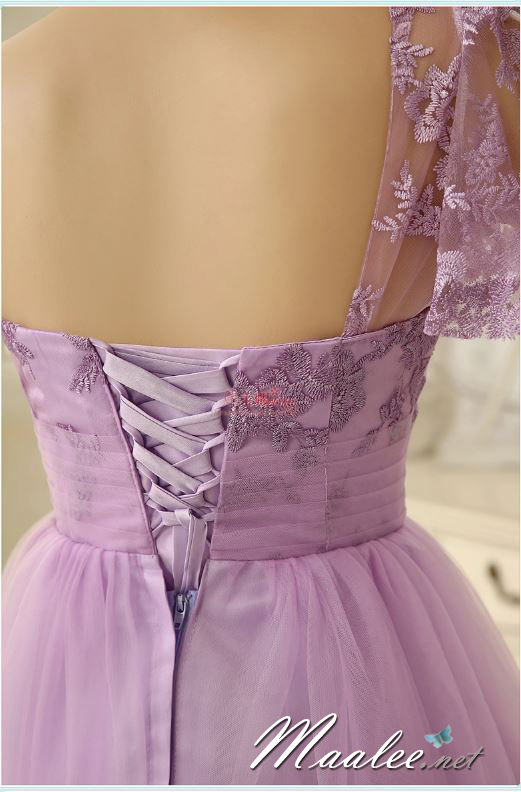 พร้อมส่ง ชุดราตรีสั้น ชุดเพื่อนเจ้าสาว ไหล่เดียว สีม่วง Purple Pp-001B