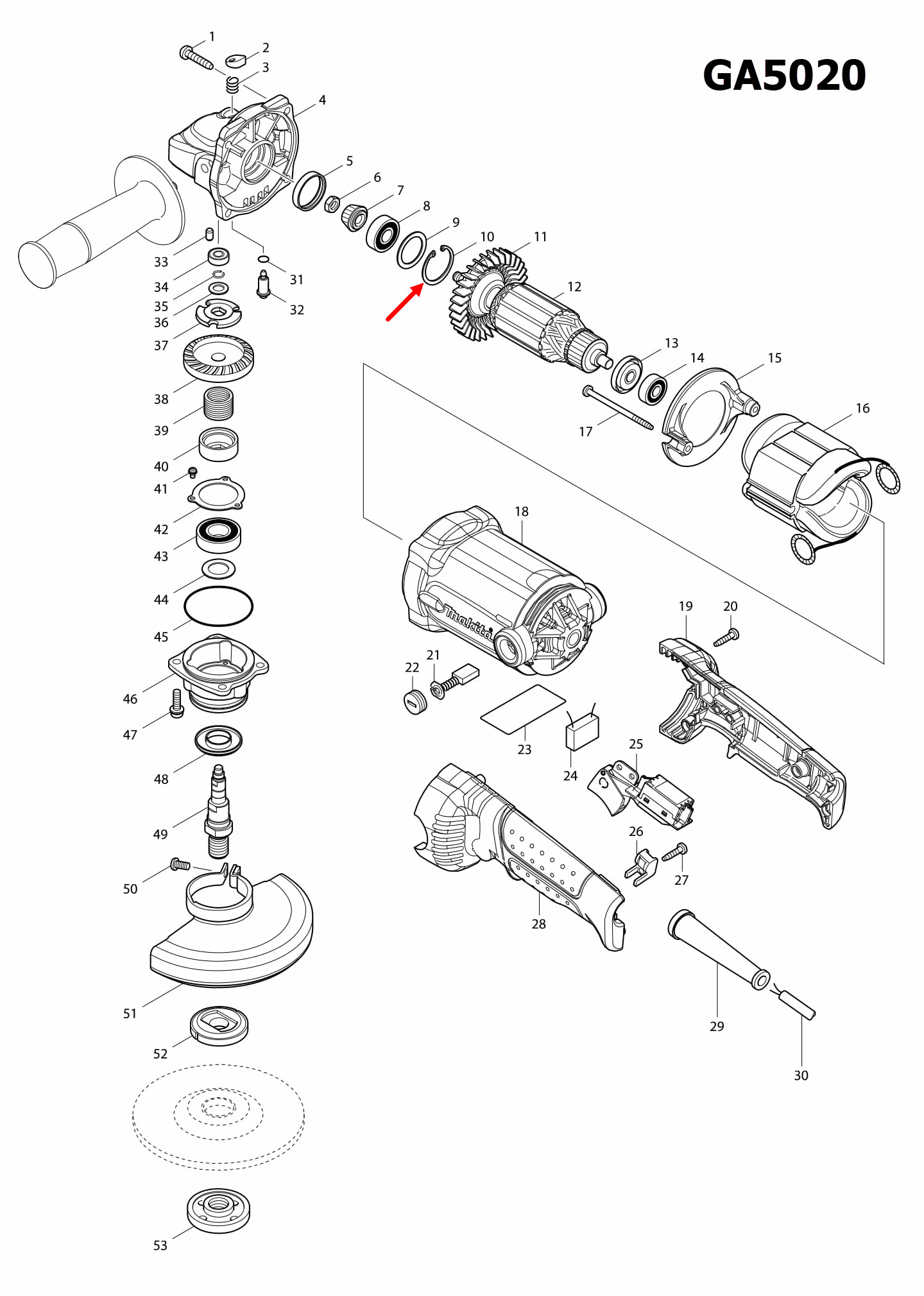 แหวนล็อค หินเจียร 5 นิ้ว มากีต้า Makita GA5010, GA5020 [#10] Pn.962107-9 (แท้) ##