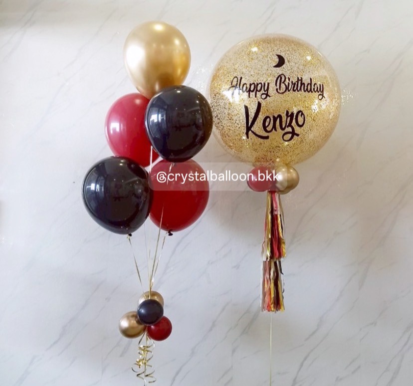 ลูกโป่งวันเกิด Bubble ขนาด 24" กลิตเตอร์สีทอง พร้อมลูกโป่งช่อ 5 ลูก 1 ช่อ Theme แดง - ดำ - ทอง พร้อมตกแต่ง สามารถเปลี่ยนสีลูกโป่ง/้เปลี่ยนข้อความ/เปลี่ยนขนาดลูกโป่งได้