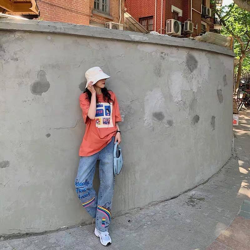 กางเกงยีนส์แนวสตรีท ลายสายรุ้ง