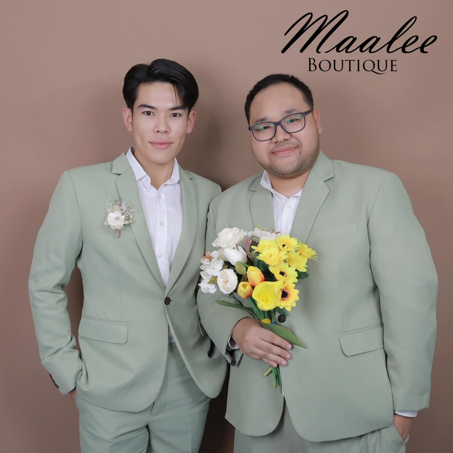 พร้อมเช่า ชุดสูทชาย สีชาเขียว งานตัดสูทพลัสไซส์ (ไม่มีกั๊ก)