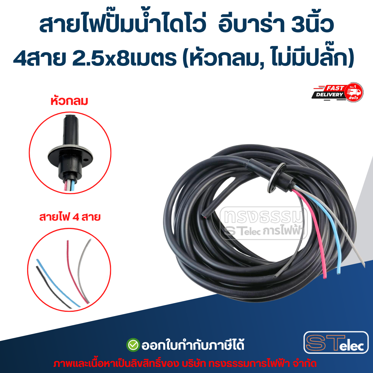 สายไฟปั๊มน้ำ สายไฟปั๊มแช่ สายไฟปั้มน้ำไดโว่ (ทองแดงแท้ 100%) อะไหล่ปั้มน้ำ