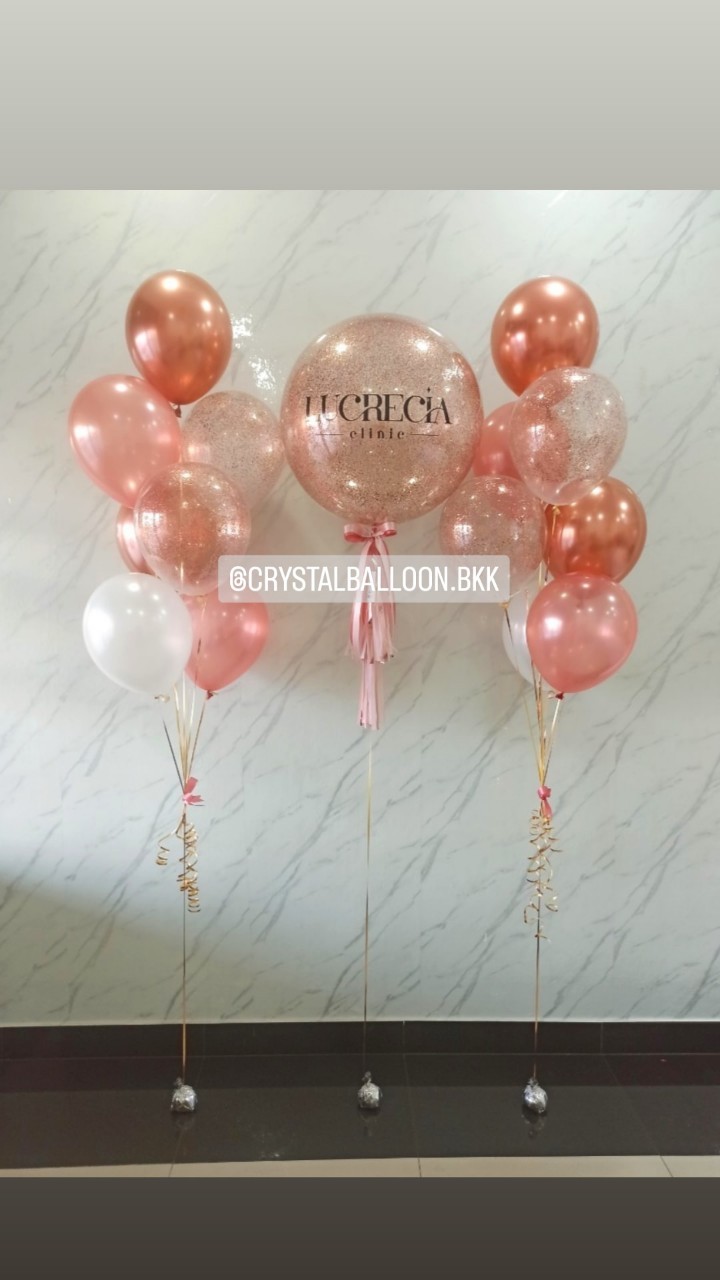 ลูกโป่ง เปิดร้าน Bubble ขนาด 24" กลิตเตอร์สีโรสโกล 1 ลูก พร้อม ช่อลูกโป่ง ช่อ 7 ลูก 2 ช่อ พร้อมตกแต่ง สามารถเปลี่ยนสีลูกโป่ง/เปลี่ยนข้อความ/เปลี่ยนขนาดได้