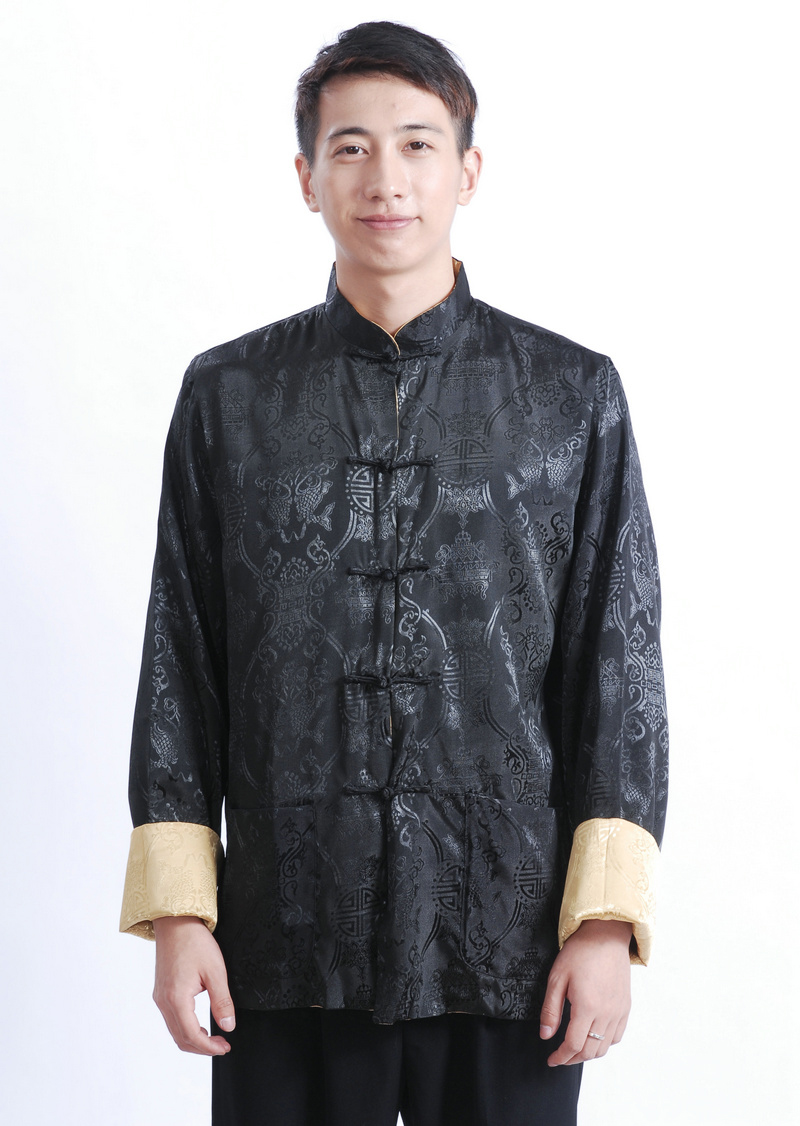 Preorder ชุดจีน ชาย เสื้อผ้าแพร สีทอง / ดำ ใส่ได้สองด้าน