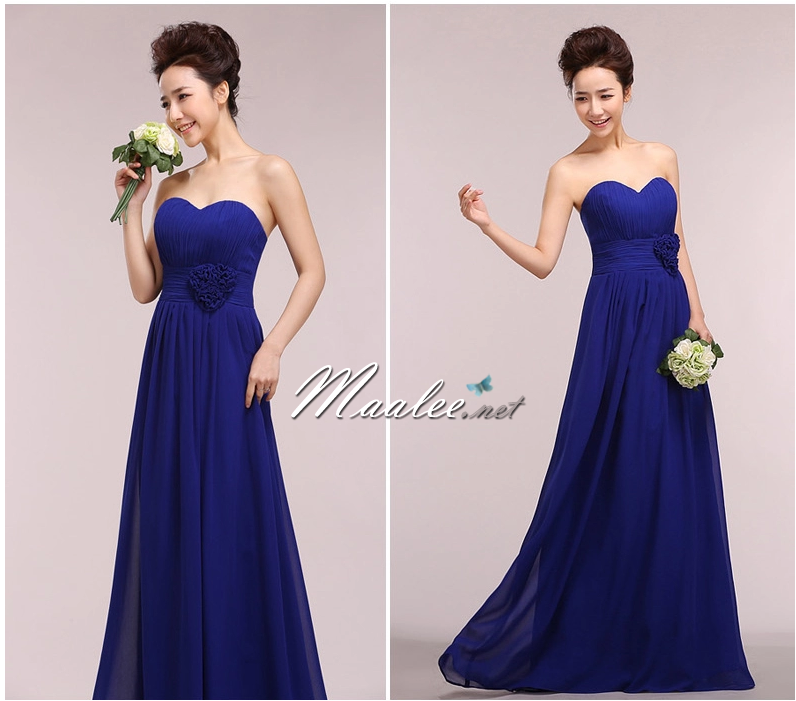 พร้อมส่ง ชุดราตรียาว แบบเกาะอก ผ้าชีฟอง ช่วงอกอัดพลีท แต่งดอกที่เอว สีฟ้าอ่อน