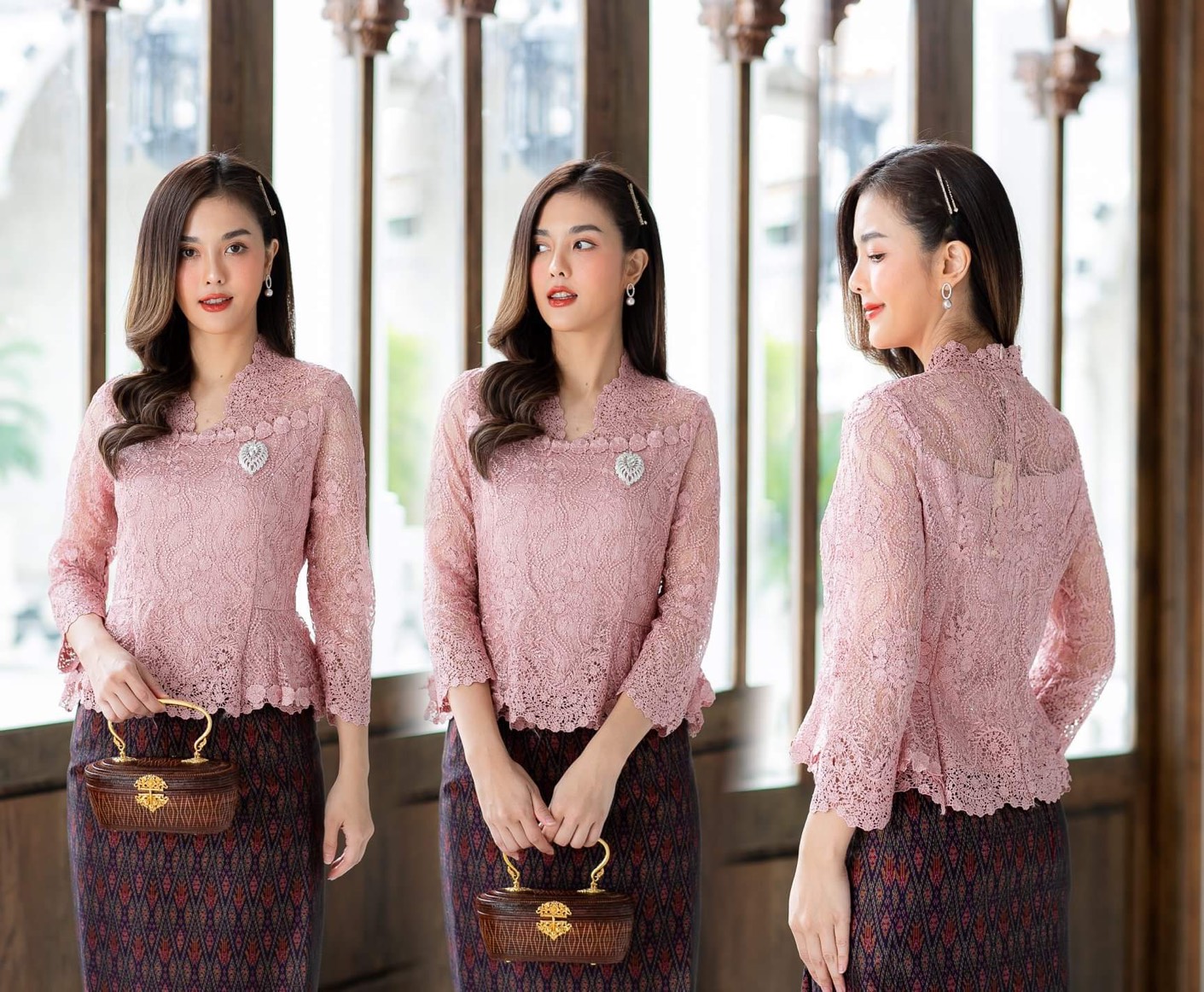 Pro-order เช่า ชุดไทยคุณแม่ เสื้อลูกไม้สีชมพู คอตั้ง ผ้าซิ่น แยกชิ้น เรียบหรู **สามารถเลือกเปลี่ยนกระโปรงแบบที่ต้องการได้**