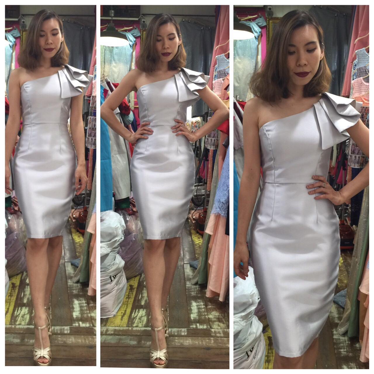 พร้อมเช่า ราตรีสั้น ไหล่เดียว ชุดเดรสเดรสเนื้อไหม ทรงเข้ารูป แต่งระบาย สีเทา