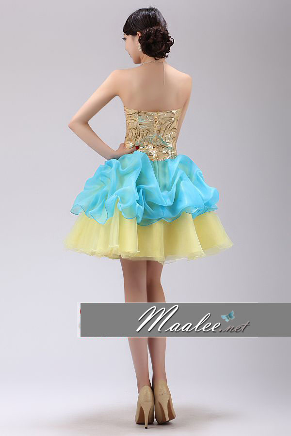 พร้อมเช่า ชุดแฟนซี เช่า 500 ชุดราตรีสั้น เกาะอก ปักเลื่อมแต่งคริสตัลช่วงบน กระโปรงผ้าแก้วพองสวย