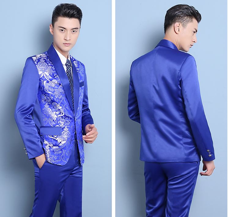 Pre-order ชุดสูทจีนชาย สีน้ำเงินปกคอน้ำเงิน พิมพ์ลายกราฟฟิก