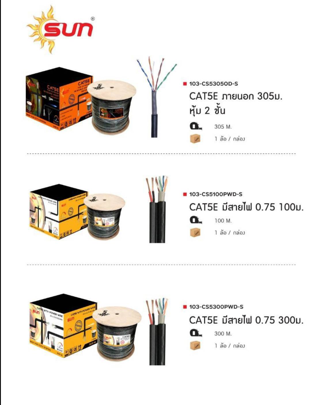 Sun สายแลน CAT5E พร้อมสายไฟ ยาว 100 เมตร ใช้ได้ทั้งภายในและภายนอก