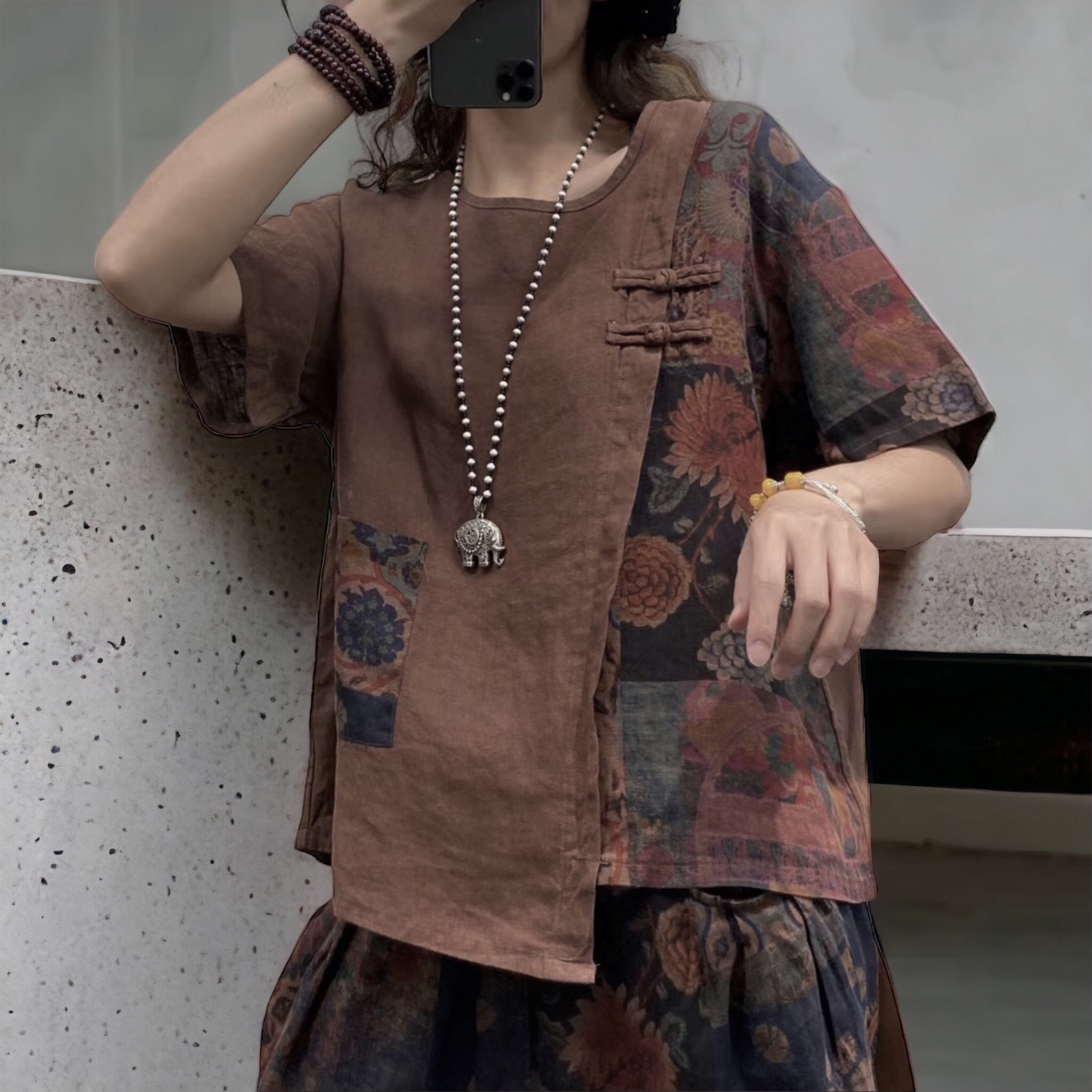 เสื้อผ้าลินินต่อลายแต่งกระเป๋า