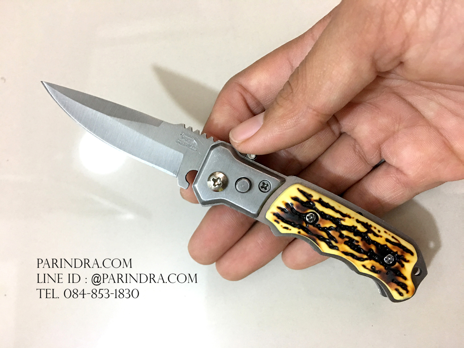 มีดพับสปริง stainless ขนาดพกพา ด้ามลายเขา