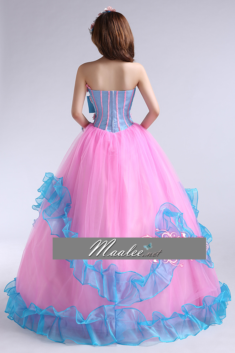 พร้อมเช่า ชุดแฟนซี ชุดราตรี เกาะอก สีชมพู ฟ้า Pastel สุดหวาน แต่งระบายกระโปรง