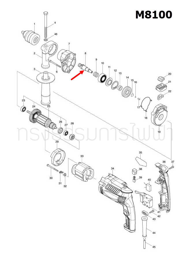 แกนเฟือง สว่านกระเเทก Makita มากีต้า M8100 Pn.327376-3 (แท้) ## (*)