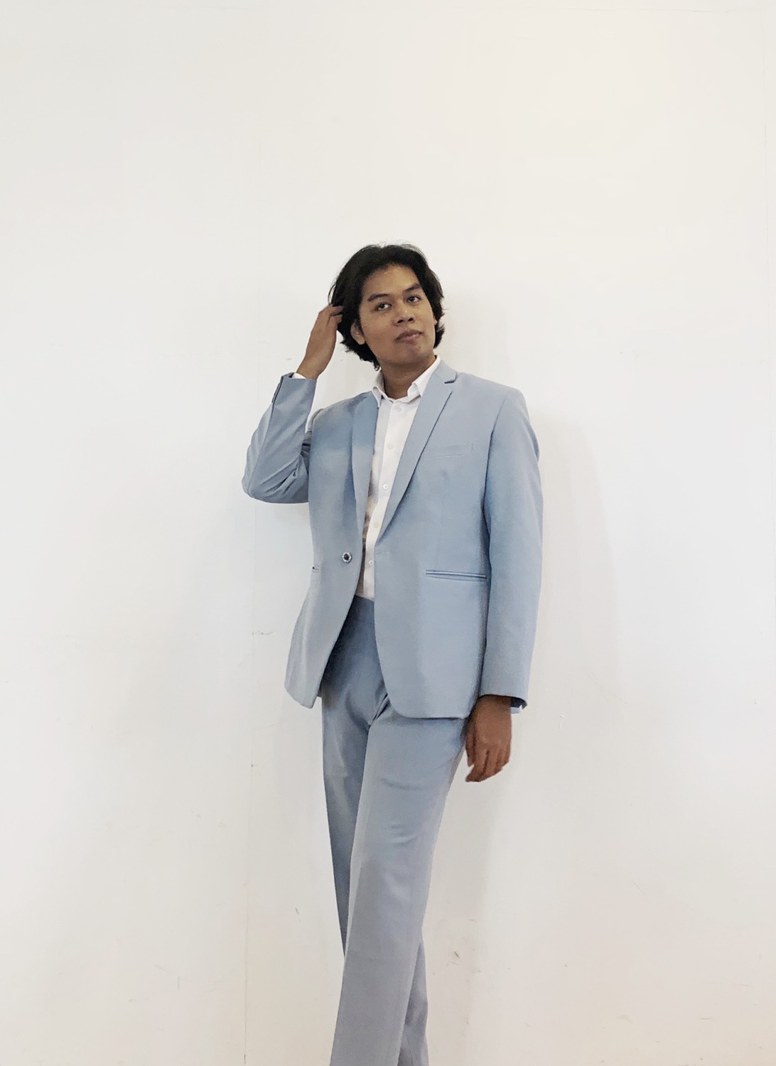 พร้อมเช่า สูทสีฟ้าพาสเทล Dusty Blue สูทเพื่อนเจ้าบ่าว ไม่มีเสื้อกั๊ก