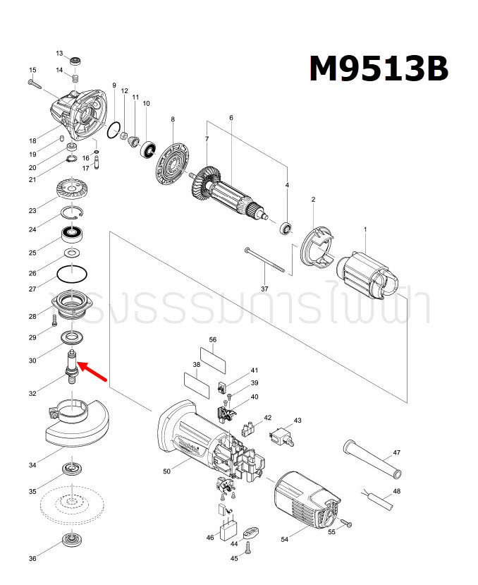 แกนเฟือง เครื่องเจียร์ มากีต้า Makita M9513, M9513B [#32] Pn.326828-1 (แท้) #H11