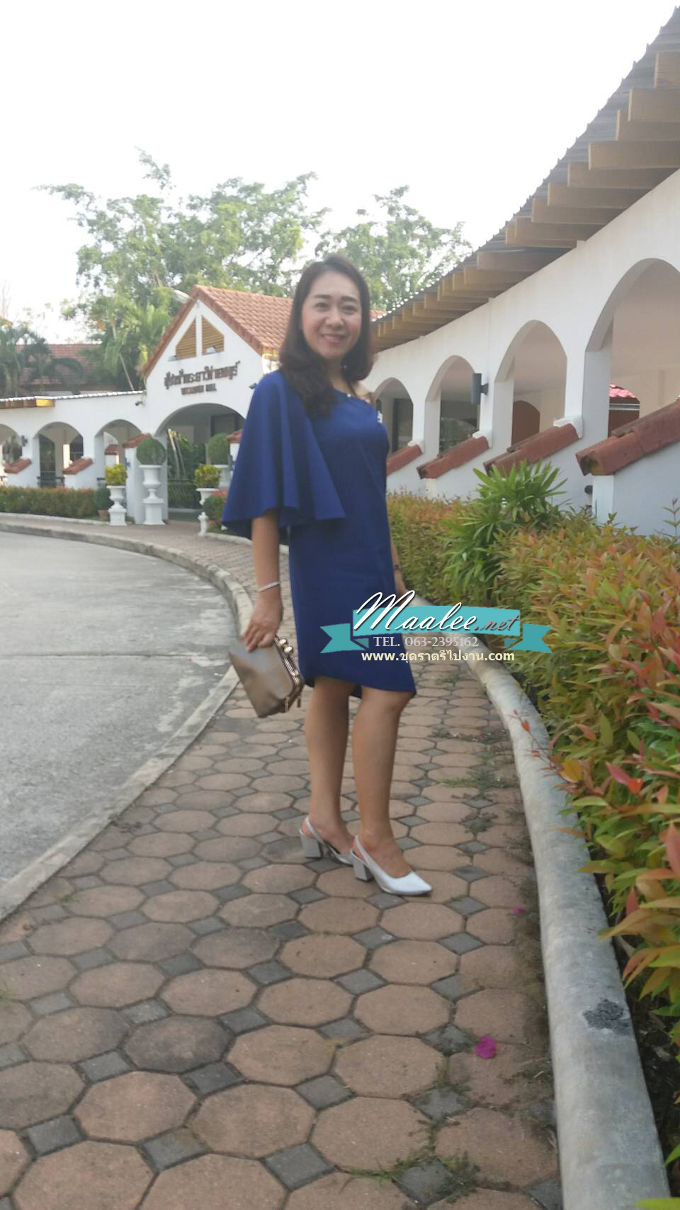 พร้อมส่ง ชุดออกงาน แบบเรียบหรู ปาดไหล่ สีน้ำเงิน ใส่ได้ทั้งงานเช้า งานเย็น