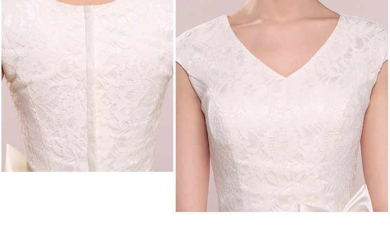 พร้อมส่ง ชุดเพื่อนเจ้าสาว PE-503 สีขาว แบบ F แขนกุด หน้าสั้นหลังยาว แต่งลูกไม้ช่วงอก คาดโบว์ที่เอว (ซิปหลัง)