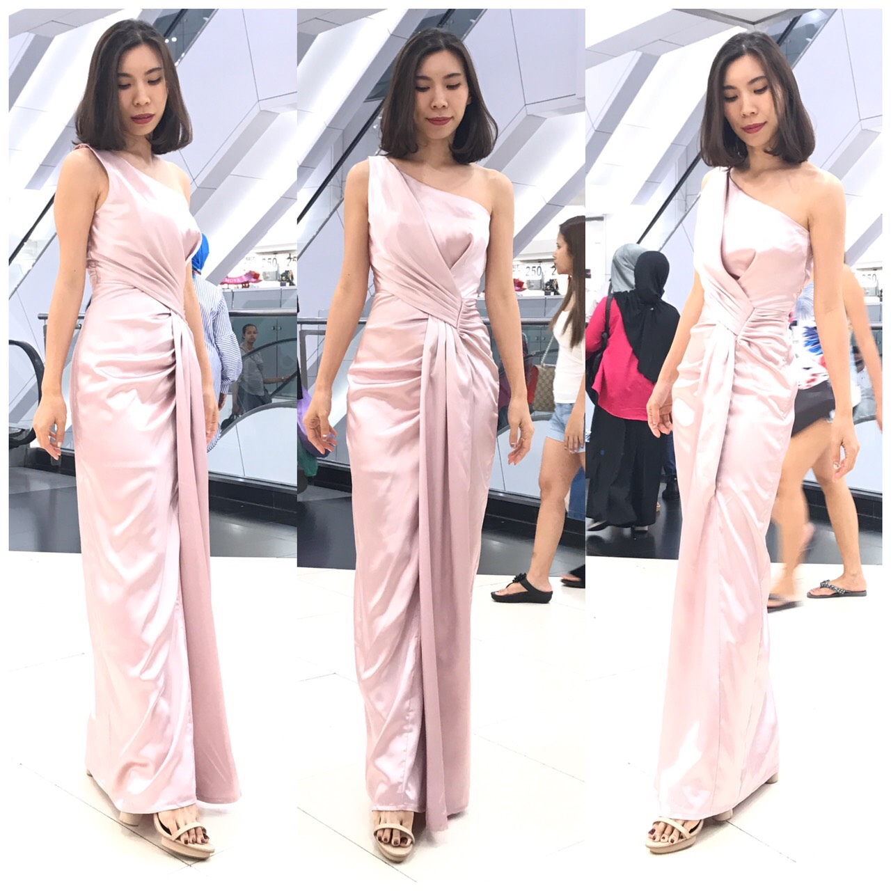 พร้อมเช่า ชุดเดรส เดรสไหล่เดียว แพทเทิร์นเก๋ จับเดรปหน้า สีฟ้า