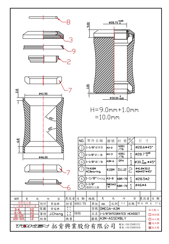 TOKEN OMEGA A3M IS42/28.6/IS42/30 Integrated 42mm, บน1 1/8' ล่าง 1 1/8' .