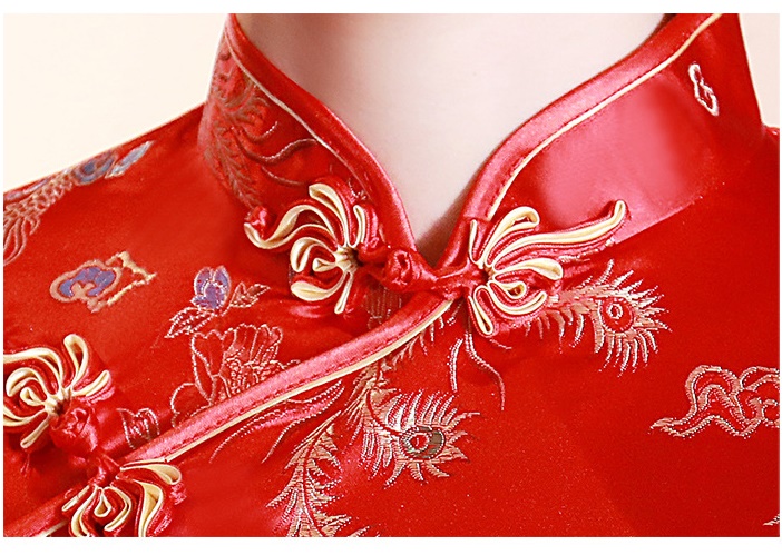 Pre-order เสื้อกี่เพ้า สีแดง ลายมังกรนกฟินิกซ์ ผ้าไหมจีน กุ๊นขอบ ตัดเย็บอย่างดี