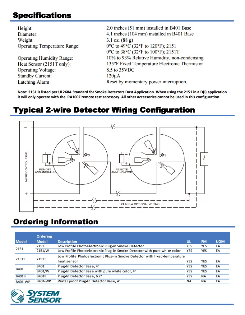 2/4 Wire Photoelectric Smoke Detector รุ่น 2151 ยี่ห้อ SYSTEM SENSOR