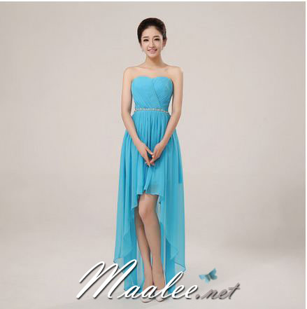 พร้อมเช่า ชุดราตรีสั้น เกาะอก หน้าสั้นหลังยาว สีฟ้า อัดพลีตหน้าอก คาดเอวคริสตัล