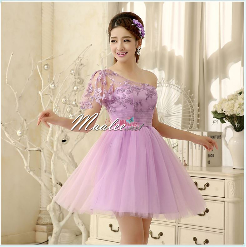 พร้อมส่ง ชุดราตรีสั้น ชุดเพื่อนเจ้าสาว ไหล่เดียว สีม่วง Purple Pp-001B