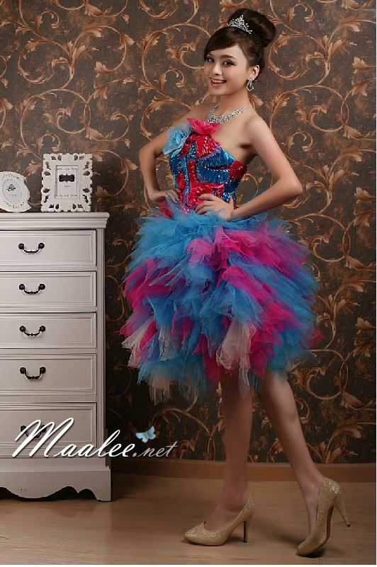 พร้อมเช่า ชุดแฟนซี เช่า 500 ชุดราตรีสั้น เกาะอก ชุดเชียร์ลีดเดอร์ กระโปรงแต่งเป็นชั้นๆ พองสวยมาก