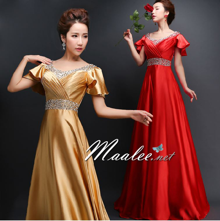 พร้อมเช่า สำหรับสาวไซส์ใหญ่ ชุดราตรียาว แบบแขนสั้น ผ้าซาตินสวยสง่า อกจับจีบปักเลื่อมช่วงอก-เอว สีฟ้า (เชือกผูกหลัง)