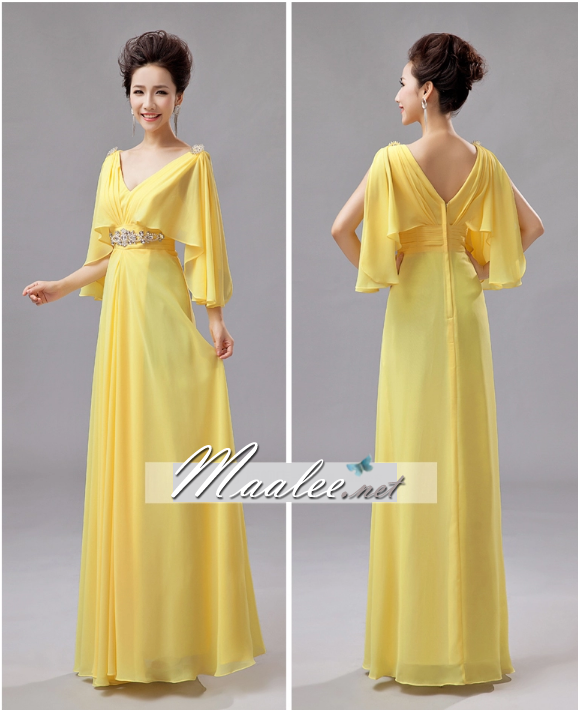 พร้อมเช่า ชุดราตรียาว สีเหลือง แบบเก๋ แขนย้วยผ่าข้างช่วยพรางต้นแขน แต่งเลื่อมช่วงเอว เข็มกลัดเพชรตรงไหล่