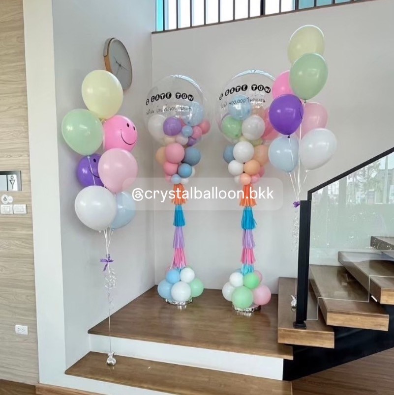 เสาลูกโป่ง เปิดงาน Bubble ขนาด 36" Theme พาสเทล 2 เสา พร้อมตกแต่ง ช่อลูกโป่ง 7 ลูก 2 ช่อ,ลูกโป่งยิ้ม 2 ลูก สามารถเปลี่ยนสีลูกโป่ง/เปลี่ยนข้อความได้